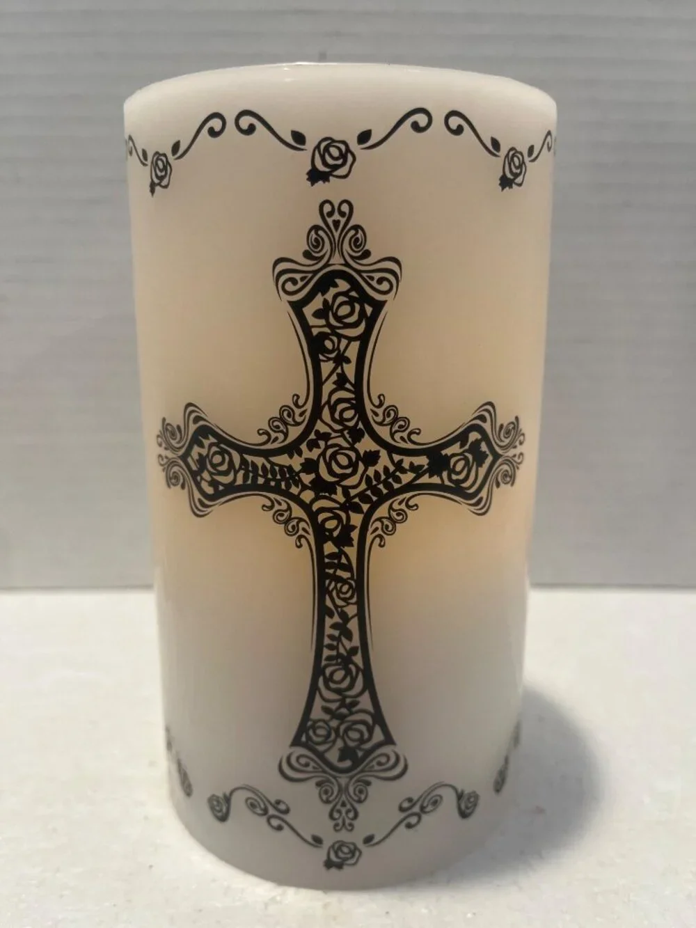 Decorative LED Flameless Candle With Black Cross Design & Timer Function